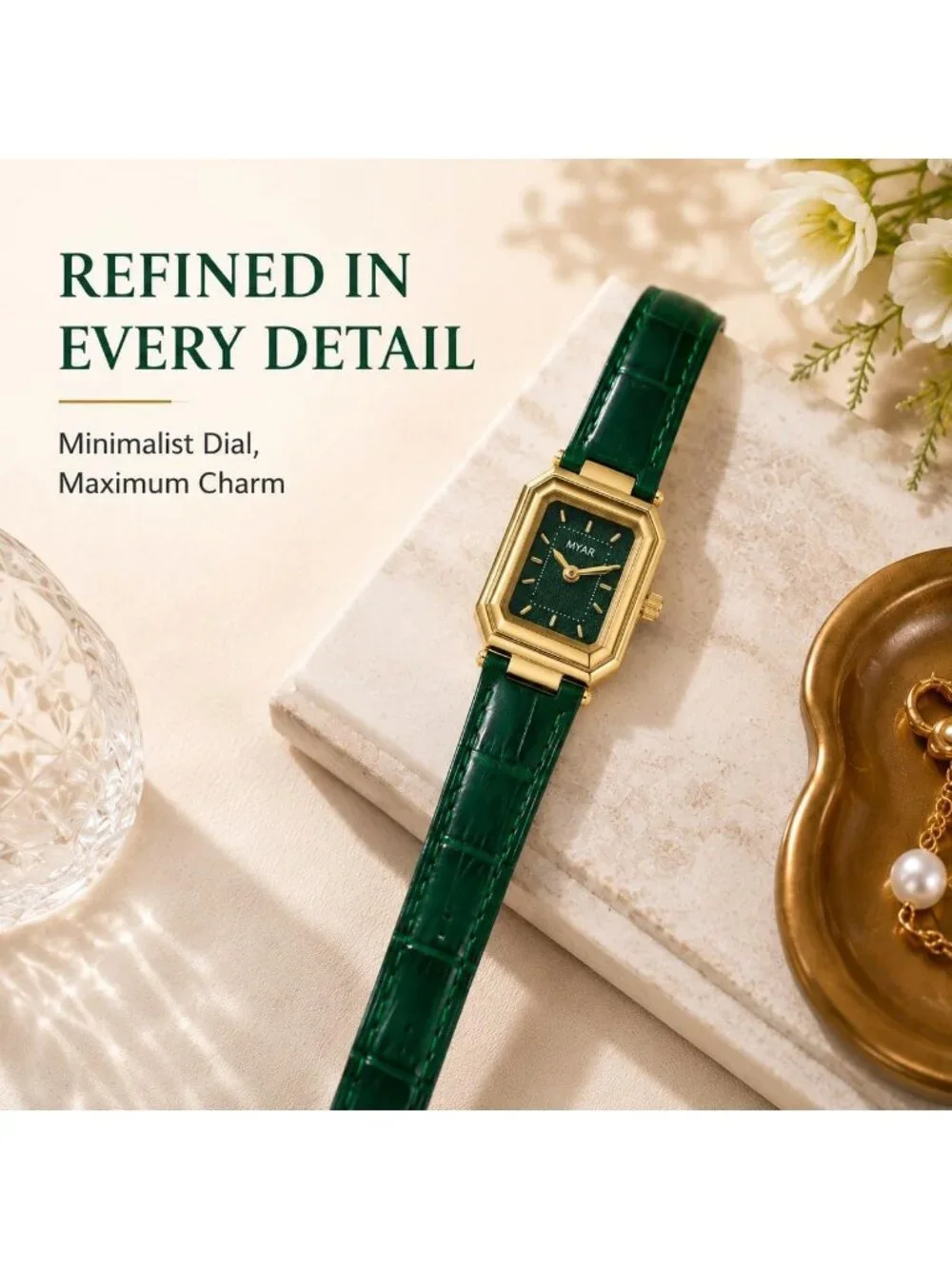 Women's Green Square Vintage Leather Strap Dress Quartz Elegant Wrist Watches